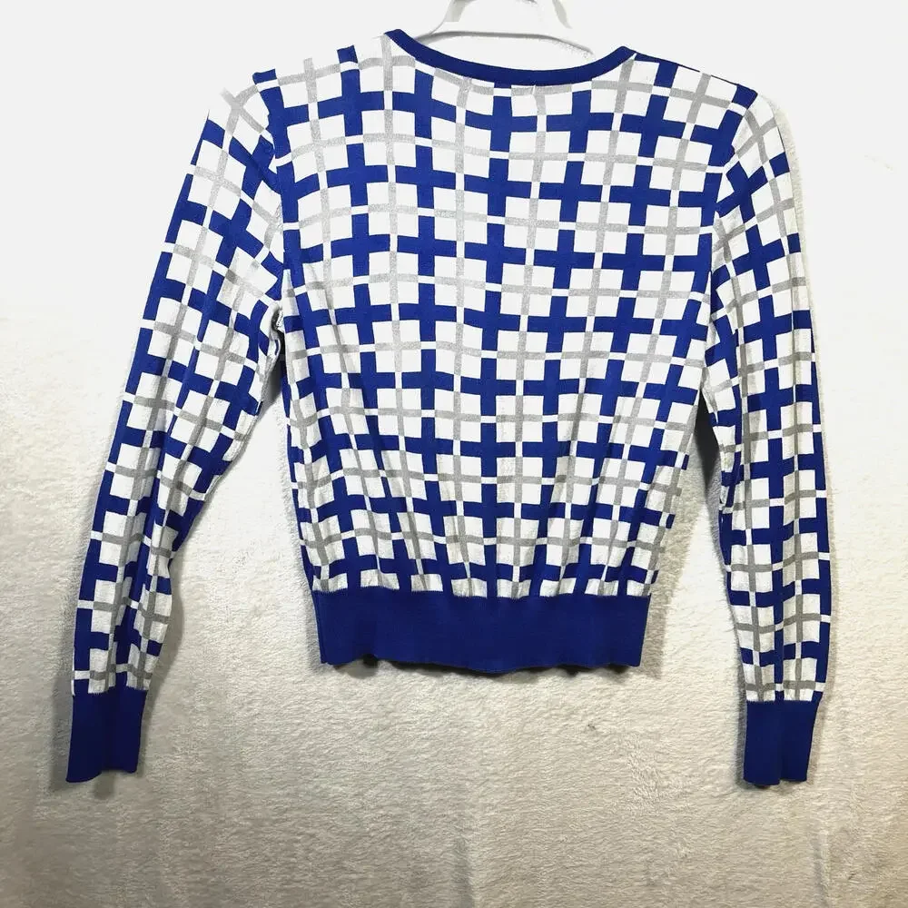 CAbi‎ Women's Cardigan Sweater Size Small Preppy Geometric Print Button Up Blue